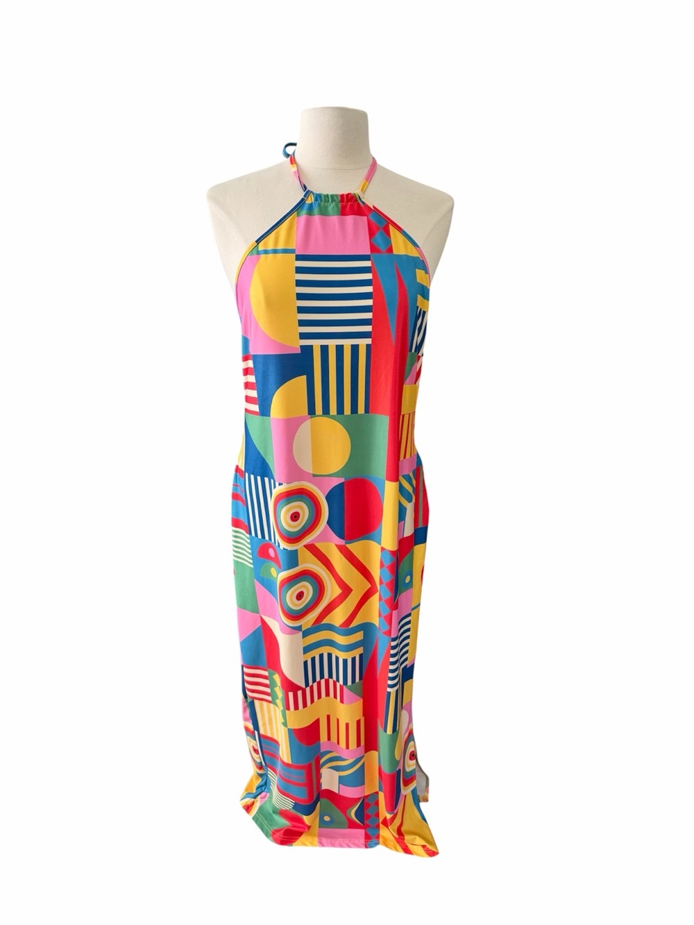 Retro 70s Geometric Print Halter Maxi Dress size 2XL